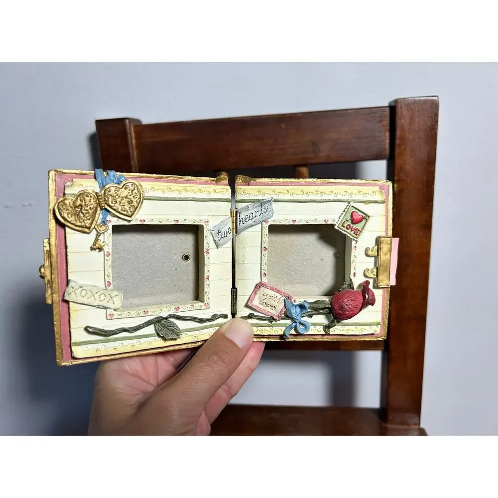Vintage Sculpted Resin Book Style Double Photo Frame Heart Cottage Shabby Chic